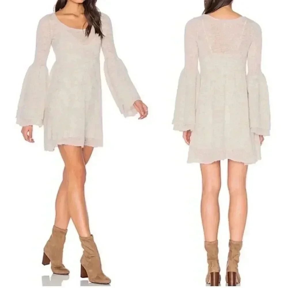 Free People knit Mini Womens Dress  Ivory Flare Dress Bell Sleeves Size S M L